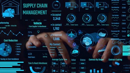 Supply chain management interface showing delivery routes, warehouse efficiency, cost savings, vehicle tracking, procurement ROI, and contract stages. Futuristic supply chain monitoring system. Thunk