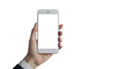 Professional hand holding smartphone with white display in modern real estate office Isolated on Transparent Background