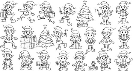 Cute Christmas Elves Line Art Set. Adorable Cartoon Xmas Workshop Helpers in Various Poses with Gifts, Tools, and Tree. Black and White Outline Vector Illustration for Coloring.
