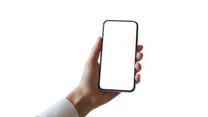 Professional hand holding smartphone with white display in luxury hotel bedroom Isolated on Transparent Background