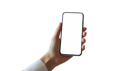 Professional hand holding smartphone with white display in luxury hotel bedroom Isolated on Transparent Background