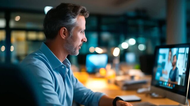 Manager conducting video discussion about project faceless organizational worker soft workplace interior screen conversation scene team coordination visual digital meeting par