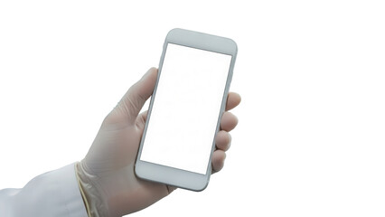 Professional hand holding smartphone with white display in clean laboratory environment Isolated on Transparent Background