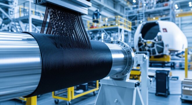 Closeup of carbon fiber filaments being precisely wound around a cylindrical mandrel for cryogenic fuel tanks in a launch vehicle production facility.