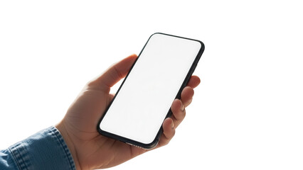 Professional hand holding smartphone with white display in bright creative workspace Isolated on Transparent Background