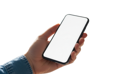 Professional hand holding smartphone with white display in bright creative workspace Isolated on Transparent Background