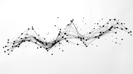 Abstract network graphic. Black lines and dots form a wavy pattern on a white background