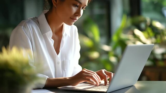 Professional at computer in residential workspace faceless individual soft home office research activity scene positive mood display virtual assistance visual administrative