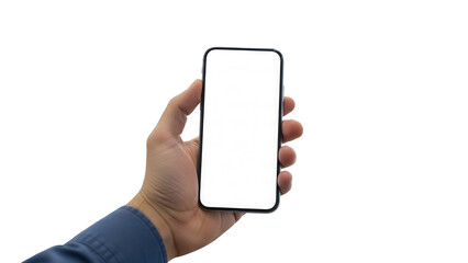 Professional hand holding smartphone with blank screen in modern engineering office Isolated on Transparent Background