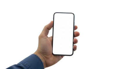 Professional hand holding smartphone with blank screen in modern engineering office Isolated on Transparent Background