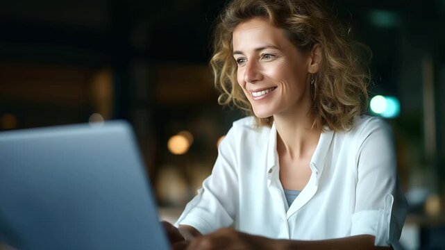 Professional with laptop in privacy workspace pod defocused cubicle setting video discussion scene online presentation participation mobile work arrangement research update