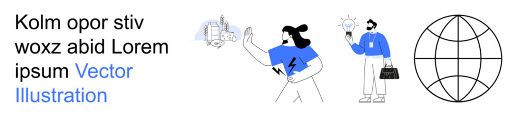 Global interactions, innovation, teamwork, digital technology, energy solutions, communication. People with tech-related items and icons. Global interactions and innovation visualization