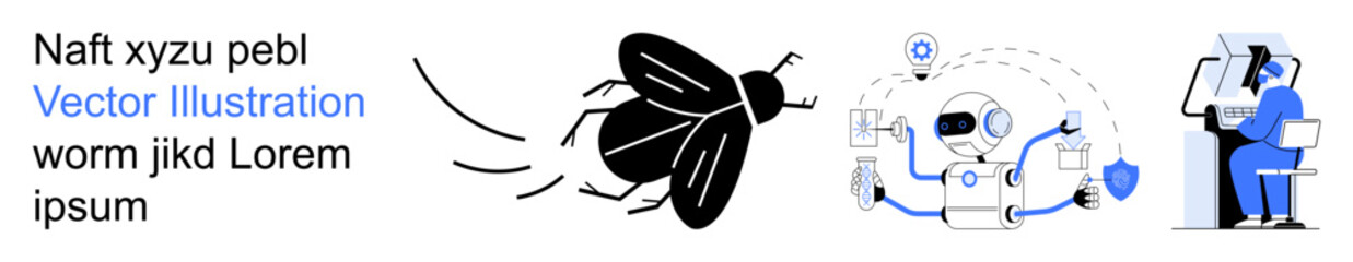 Digital security, bug detection, AI technology, remote support, futuristic innovation, data analysis. A bug, AI illustration and a person in tech interaction. Digital security and bug detection