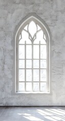 Fototapeta premium Minimal white architectural wall featuring an arched window and stone detail.