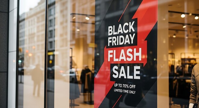 Black friday sale sign displayed in store window reflecting shoppers