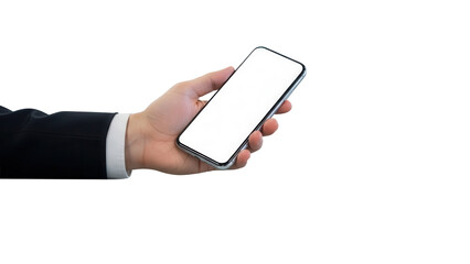 Professional environment with a hand holding a phone mockup near a glass partition  Isolated on Transparent Background