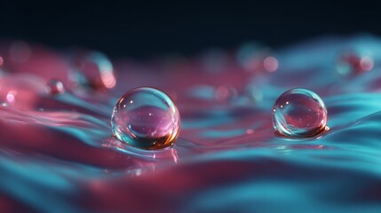 Naklejka premium Captivating Macro Shot of Water Droplets Reflecting Vibrant Colors. The droplets are resting on a surface, reflecting a mesmerizing play of light and color