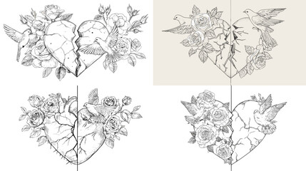 Elegant botanical line art illustrations of flowering branches and leaves, drawn in detailed outline style, perfect for floral design, decoration, stationery, and nature-themed projects.