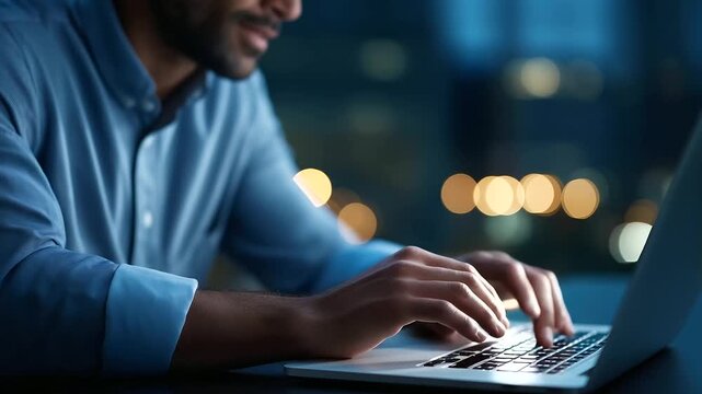 Telecommuting arrangement with anonymous professional at laptop hazy residential office distant team coordination screen meeting setup home workspace configuration with copy