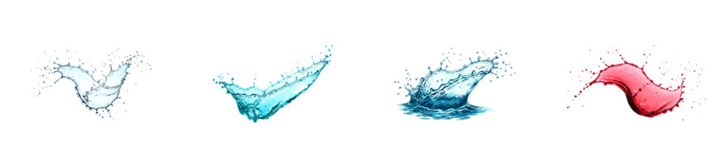 Set of four colorful liquid splashes showing dynamic motion with clear, blue, and red water in various abstract shapes and forms, capturing the energy of fluid dynamics