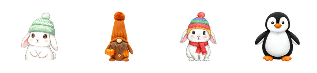 Fototapeta premium Four cute festive illustrated characters, including two adorable rabbits in winter hats, a charming gnome holding a pumpkin, and a friendly penguin, all rendered in a whimsical, cheerful style