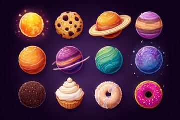 Cosmic Confectionery: A whimsical collection of planets and celestial objects transformed into delectable treats, sparking imagination and a sense of childlike wonder.