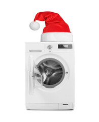 Washing machine with Santa hat isolated on white