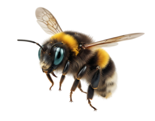 Macro closeup of a fluffy bumblebee with blue eyes flying, isolated on transparent background
