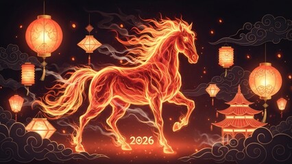 Fiery Horse of 2026 Lunar New Year with Floating Lanterns