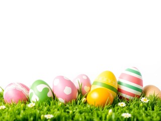 Naklejka premium Assortment of brightly decorated easter eggs in vibrant green grass with small white daisy flowers, celebrating spring holidays.