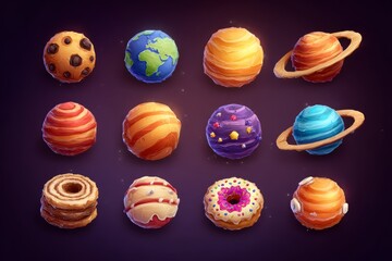 Obraz premium Celestial Confections: A captivating assortment of whimsically illustrated planet-shaped sweets, each offering a unique and tempting galactic treat.