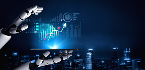 A metallic robotic hand presents a digital tablet showcasing data analytics and growth graphs, illuminated against a night city skyline, symbolizing technological advancement. Scalp