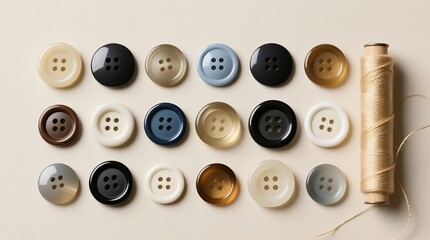 Neatly arranged sewing buttons and spool of thread on neutral background