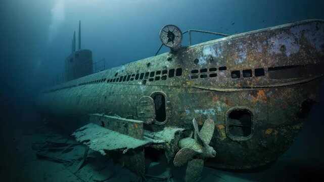 Deep Sea Exploration of a Sunken Submarine Vessel Resting on the Ocean Floor