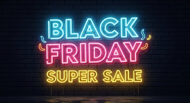 Black friday super sale neon sign glowing against dark brick wall - Powered by Adobe