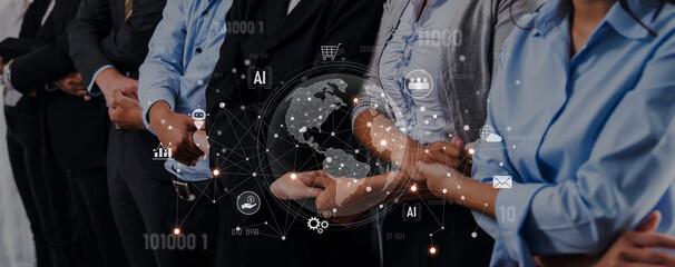 Business professionals engaged in a handshake, symbolizing cooperation. Digital elements showcase global connectivity and the importance of collaboration in business today. Trope