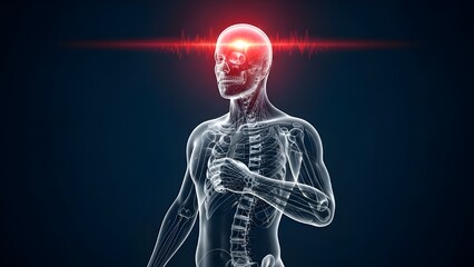 3D medical illustration showing a transparent male head with a red highlight on the forehead, representing fever, stress, tension headache, or sinus issues