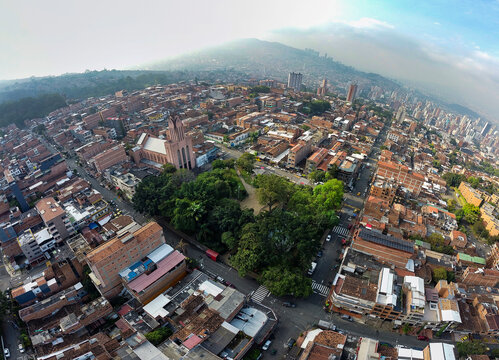 Medellin, Antioquia - Colombia. December 13, 2025. Aerial panorama of the Villa Hermosa neighborhood, where residential architecture