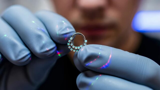 Man in blue glove inspecting a sparkly opal septum piercing or nipple ring, body jewelry or ornament