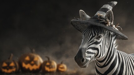 Fototapeta premium A whimsical image features a zebra adorned with a witch's hat, with jack-o'-lanterns in the background, creating a Halloween themed scene