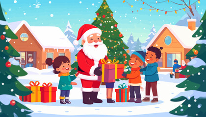Santa Claus Giving Gifts to Happy Children at Christmas