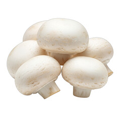 Fresh cluster of button mushrooms with white closed caps, isolated on transparent background, perfect for recipe blogs, grocery ads, Thanksgiving menus, or healthy food designs. Sharp focus,
