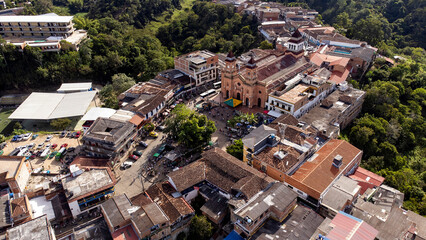 Fototapeta premium Yolombo, Antioquia, Colombia. October 19, 2025. Aerial drone view. It is one of the 125 municipalities in the department.