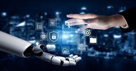 A stunning visual depicting the seamless interaction between a human hand and a robotic arm, symbolizing the fusion of technology and innovation in modern society. Gantry