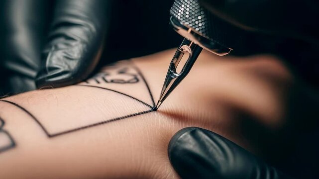 Woman arm getting a fresh tattoo from a tattoo artist. Tattoo art creation on skin, body art, tattoo studio concept.