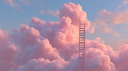 A whimsical scene shows a ladder extending into a fluffy pink cloudscape under a soft, pastel-colored sky. A surreal and hopeful image
