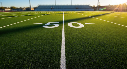 Obraz premium A vibrant green artificial turf football field with the 50-yard line clearly marked, bathed in warm sunlight with stadium bleachers in the background.