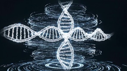 Dynamic visualization of a glowing DNA double helix structure representing genetic code biotechnology and scientific research with abstract light particles flowing in a futuristic digital environment. - Powered by Adobe
