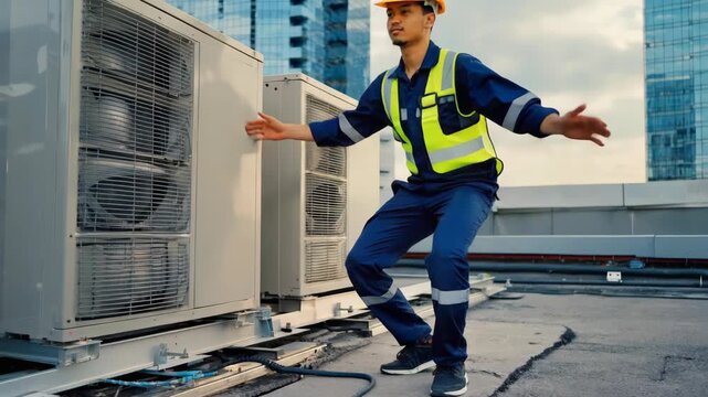 A young man in a hard hat and safety vest posing confidently on a rooftop construction site.