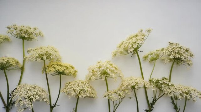 Fresh flowers with white petals on long stems neatly lined up in rows.